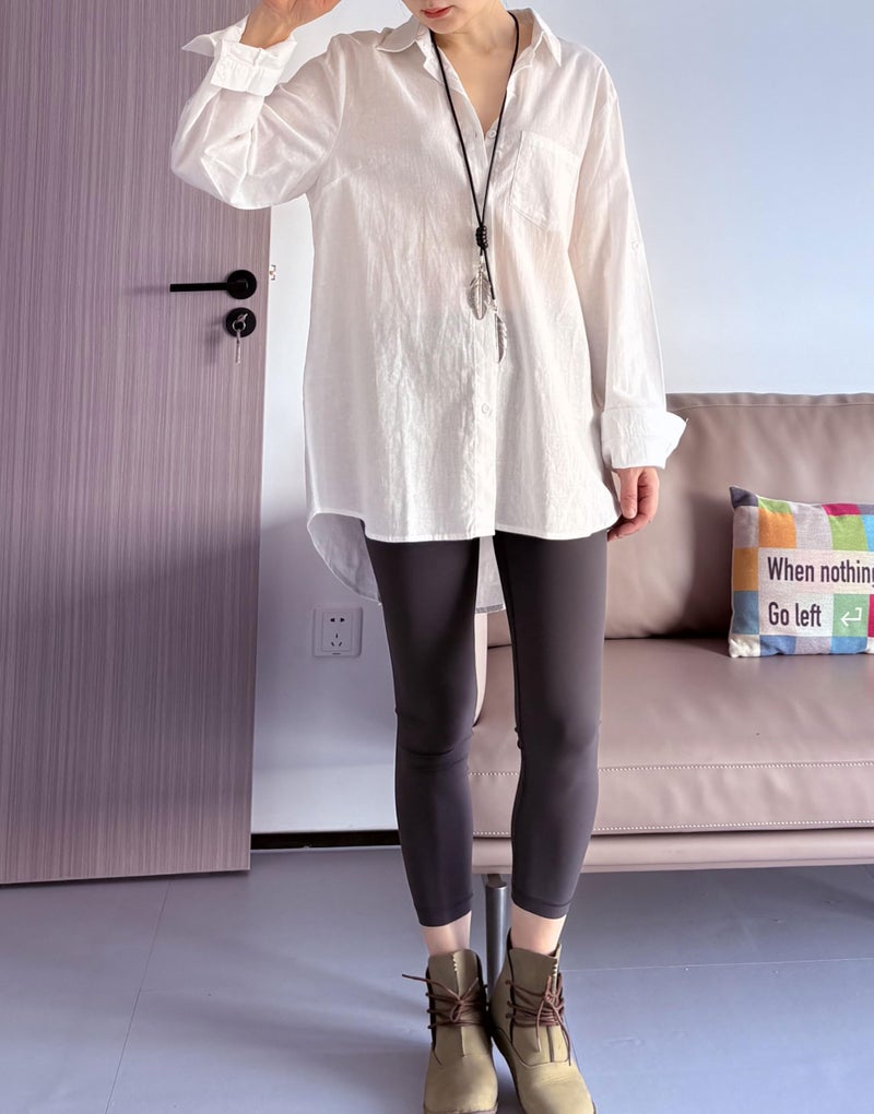 Minibee Women's Linen Blouse High Low Shirt Roll-Up Sleeve Tops White L - Image 4